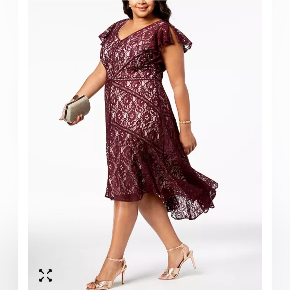 Taylor V-neck Burgundy Lace Hi-low Hem Flutter Sleeve Dress Size 14 - Picture 3 of 13